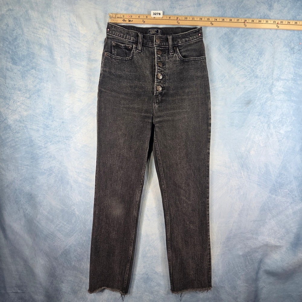 Abercrombie‎ & Fitch Ultra High Rise Straight Black Jeans Raw Hem Button Fly 25R